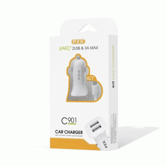 PZX Φορτιστής Αυτοκινήτου / Car Charger C901 με Δύο Θύρες USB Και Καλώδιο Φόρτισης USB Σε Lightning 3A MAX - Χρώμα: Λευκό