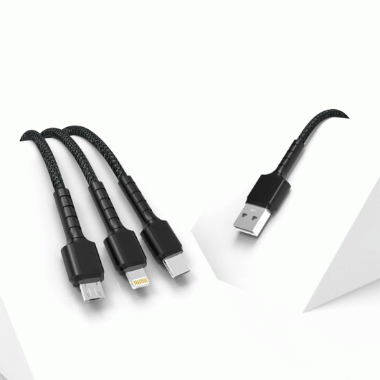 PZX V136 Καλώδιο Φόρτισης και Μεταφοράς Δεδομένων 1.2M / Charging And DATA CABLE 3 ΣΕ 1 USB ΣΕ Lightning / Type-C / micro USB 3.1A - Χρώμα: Μαύρο