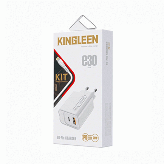 KINGLEEN E30 Φορτιστής κινητού / Mobile Charger PD 20W με Θύρα USB-A Και Θύρα TYPE C Με Καλώδιο Type-C Σε Lightning 3A - Χρώμα: Λευκό 