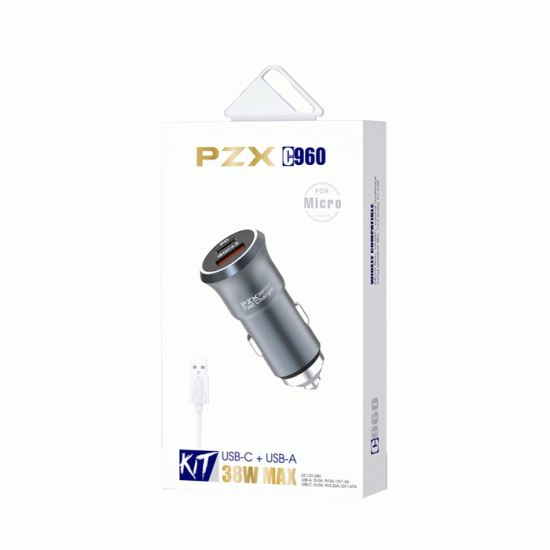 PZX Φορτιστής Αυτοκινήτου / Car Charger C960 38W MAX Με Θύρα USB Και TYPE C 5V/3A Με Καλώδιο USB Σε Micro - Χρώμα: Μαύρο 