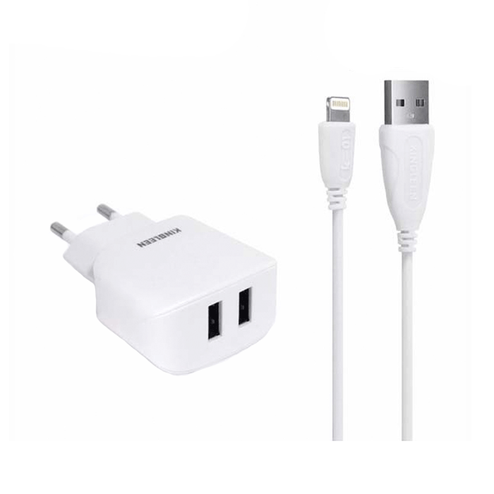KINGLEEN E06 Mobile Charger With 2 USB-A Ports And Cable USB To Lightning - Color: White 