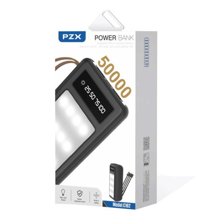 PZX C162 Power Bank With 2 USB-A Ports and 1 TYPE C Port 50000mAh - Color: Black