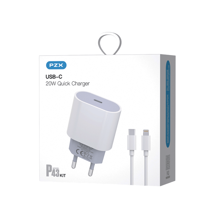 PZX P43 Mobile Charger PD 20W With 1 Type-C Port And Cable Type-C To Lightning - Color: White