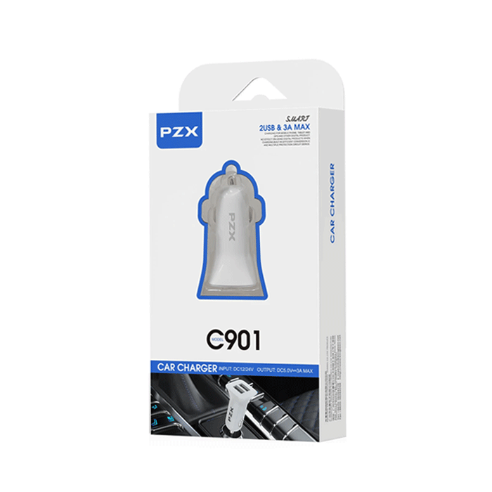 PZX Car Charger C901 With 2 USB Ports 3A MAX - Color : White