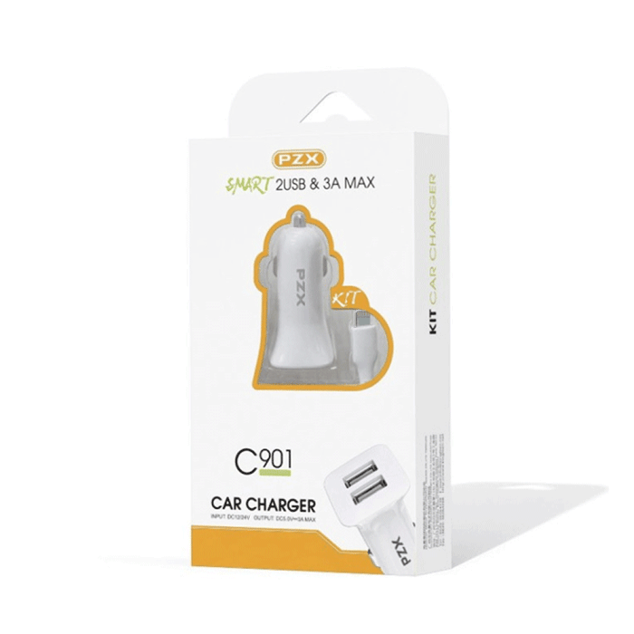 PZX C901 Car Charger With 2 USB Ports And USB TO Lightning Cable 3A MAX - Color: White