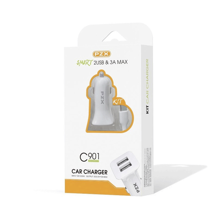 PZX C901 Car Charger With 2 USB Ports And USB TO Type-C Cable 3A MAX - Color: White
