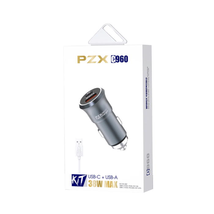 PZX C960 Car Charger 38W MAX With USB And TYPE C Port 5V/3A With Cable USB To Lightning - Color: Black  