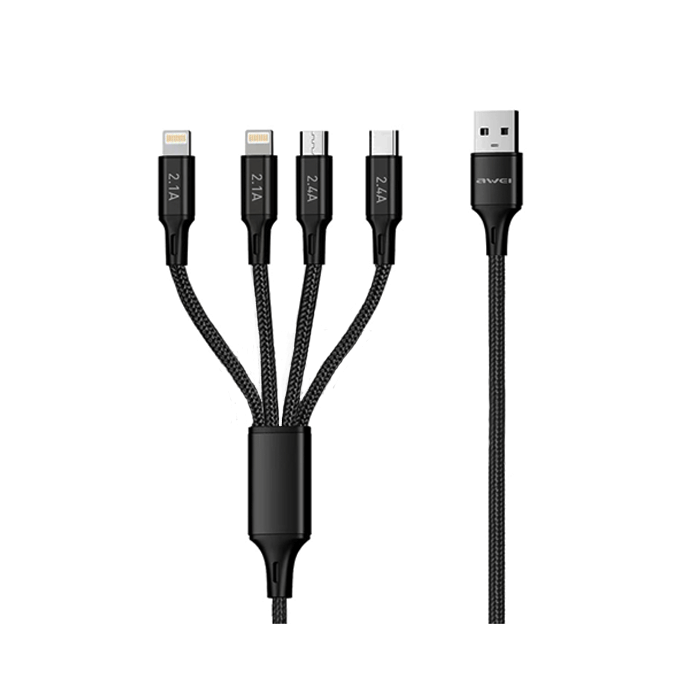 AWEI CL-129 DATA 1.5M CABLE 4 IN 1 Multi Charging Cable USB Το Lightning / Type C / micro Color : Black