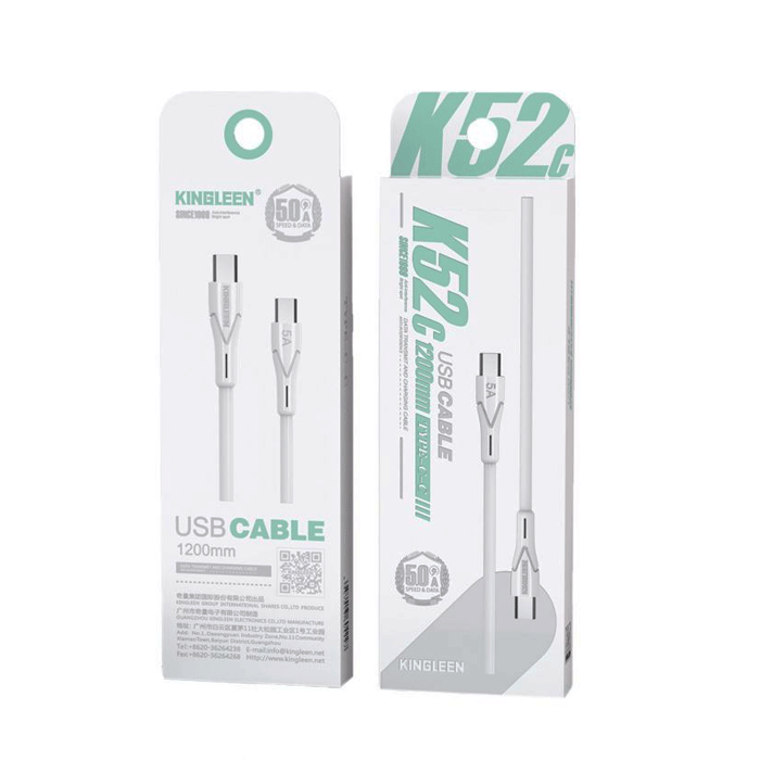 KINGLEEN K52C Charging And DATA 1.2M CABLE Type-C Το Type-C 5A - Color: White 