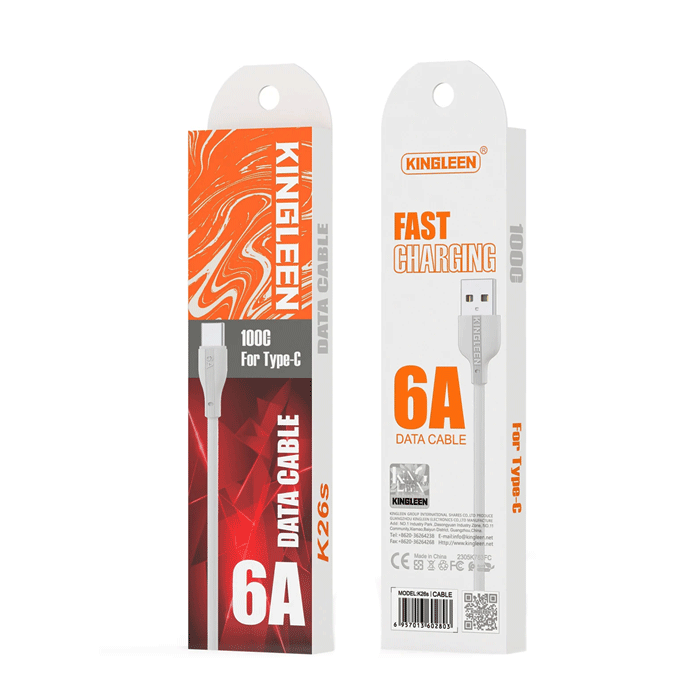KINGLEEN K26s Charging And DATA 1M CABLE USB Το Type-C 6A - Color: White 
