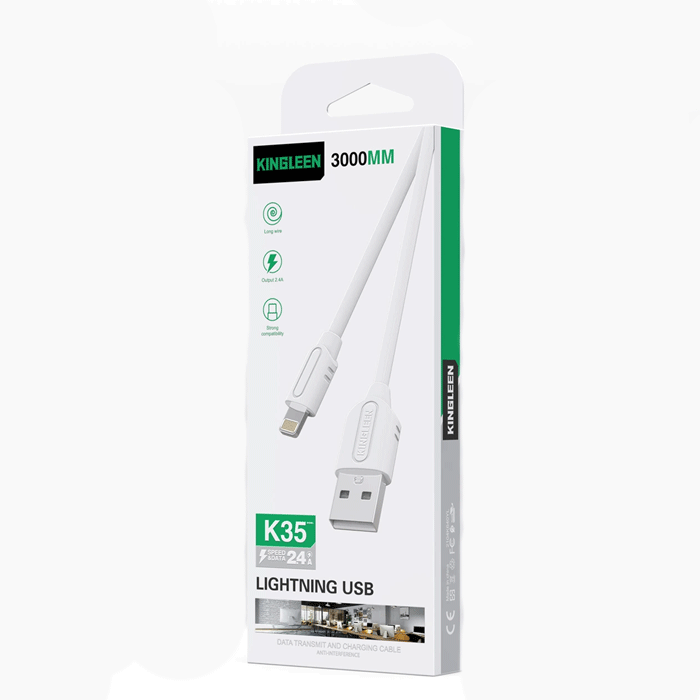 KINGLEEN K35 Charging And DATA 3M CABLE USB To Lightning 2.4A - Color: White 