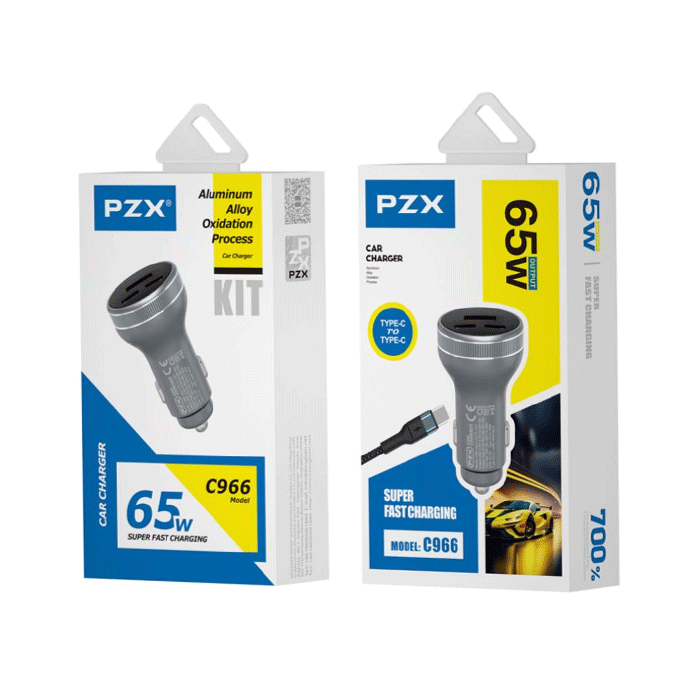 PZX C966 Φορτιστής Αυτοκινήτου / Car Charger 65W MAX Με Θύρα USB Και TYPE C 5V/3A Με Καλώδιο Type-C Σε Type-C - Χρώμα: Μαύρο