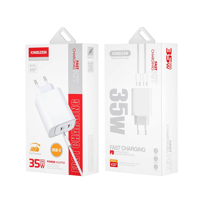 KINGLEEN E37 Φορτιστής κινητού / Mobile Charger 35W Με 2 Θύρες Type-C Και Καλώδιο Type-C Σε Type-C - Χρώμα: Λευκό