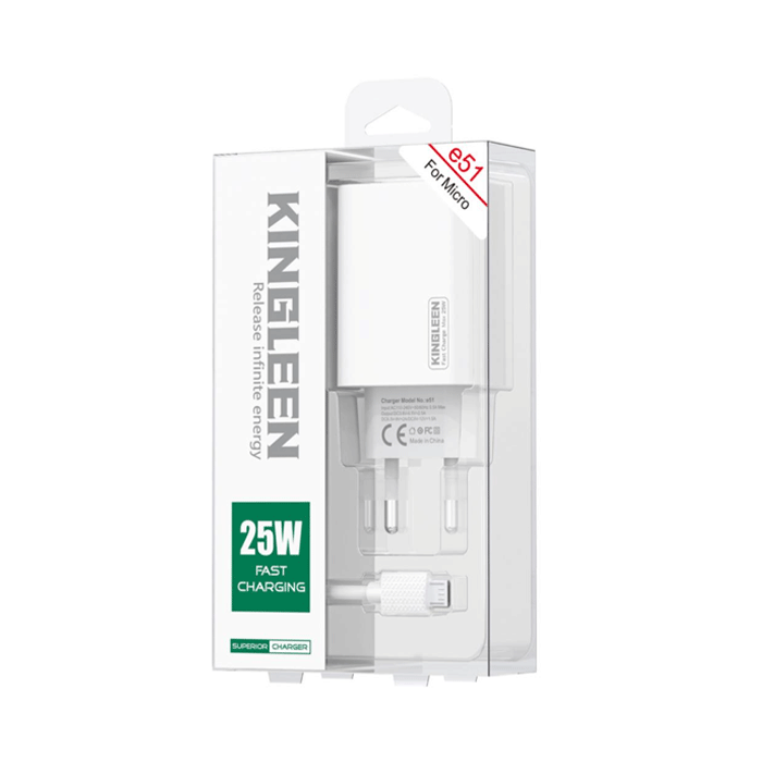 KINGLEEN E51 Φορτιστής κινητού / Mobile Charger 25W με Θύρα USB-A Και Με Καλώδιο USB-A Σε Micro - Χρώμα: Λευκό