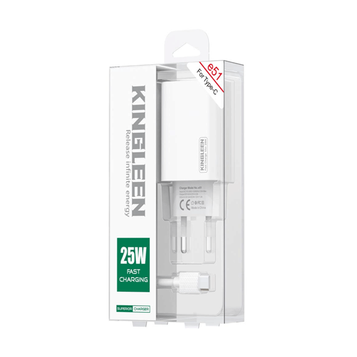 KINGLEEN E51 Φορτιστής κινητού / Mobile Charger 25W με Θύρα USB-A Και Με Καλώδιο USB-A Σε Type-C - Χρώμα: Λευκό