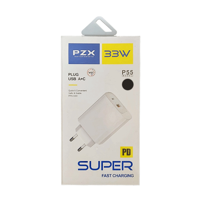 PZX P55 Φορτιστής κινητού / Super Fast Mobile Charger 33W με 1 Θύρα Type-C Και 1 Θύρα USB-A Με Καλώδιο Type-C Σε Type-C - Χρώμα: Μαυρο