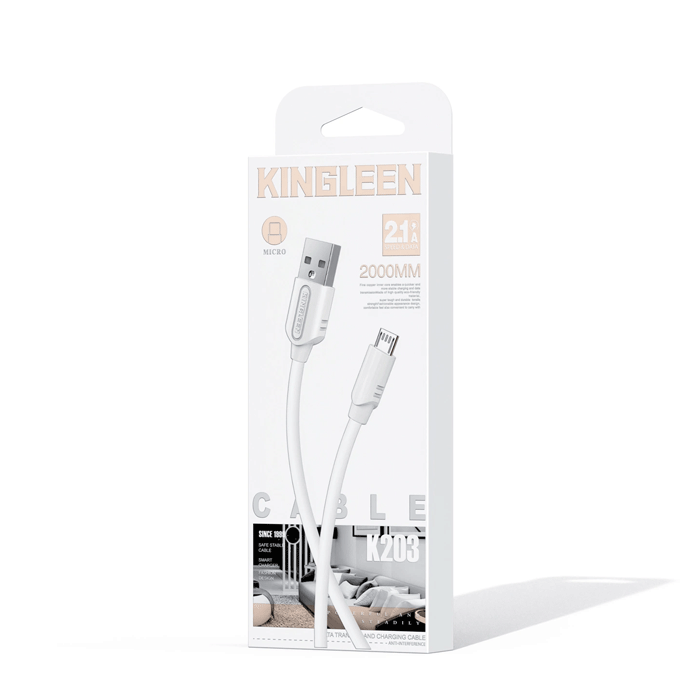 KINGLEEN K203 Charging And DATA 2M CABLE USB Το Micro 2.1A - Color: White 