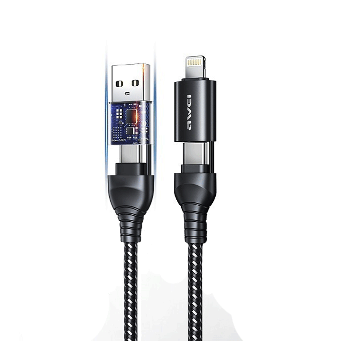 AWEI CL-126 DATA 1M CABLE 4 IN 1 Multi Charging Cable 60W Τype C To Type-C (USB / Lightning Changing Plug) Color : Black