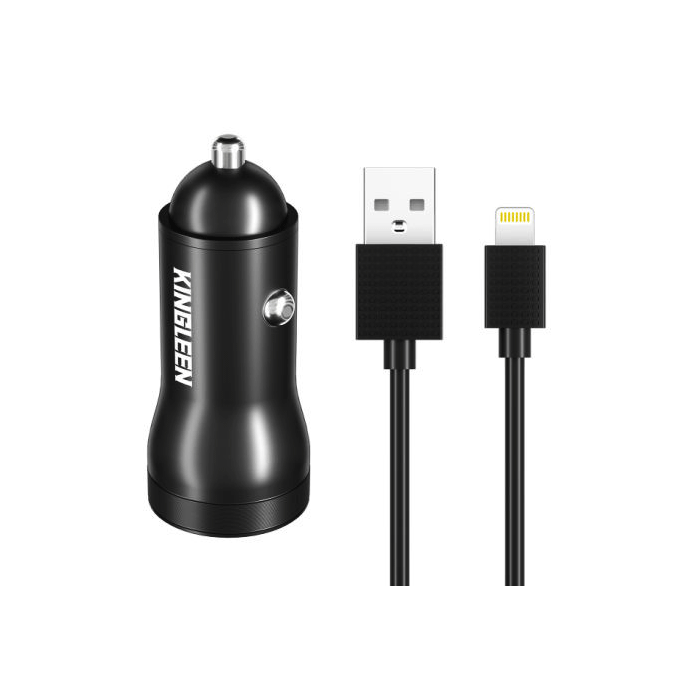 KINGLEEN C919 Car Charger 2 USB Ports 3.1A And USB TO LIGHTNING Cable 15W - Color: Black  