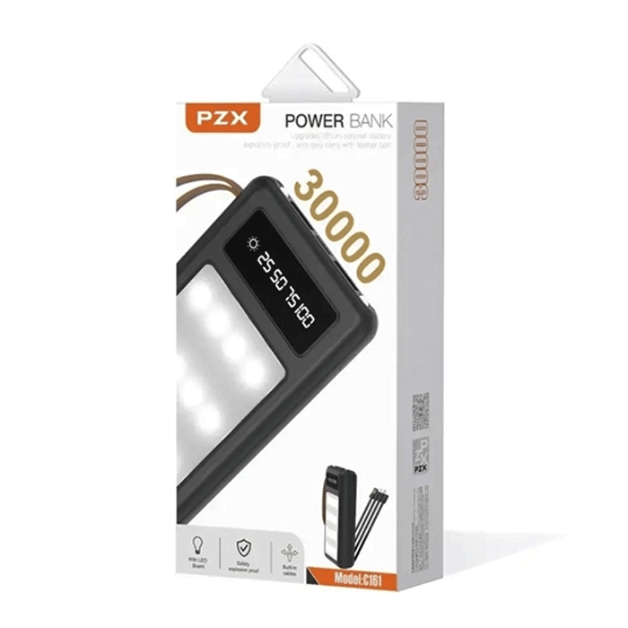 PZX C161 Power Bank With 2 USB-A Ports and 1 TYPE C Port 30000mAh - Color: Black