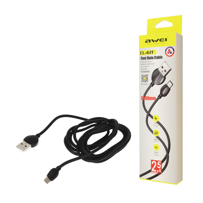 AWEI CL-61T Charging and Data Transfer Cable 2m USB To TYPE C 2.5A - Color: Black