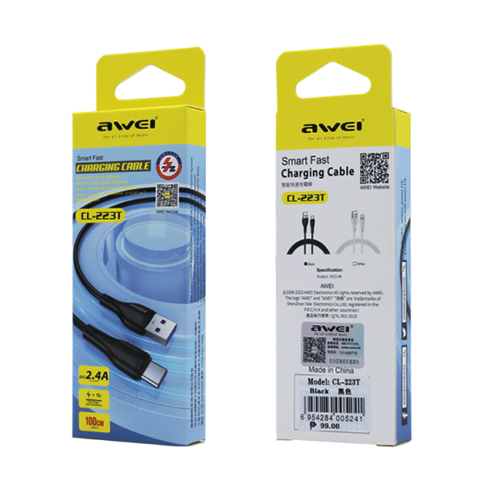 AWEI CL-223T Charging Data Cable USB TO TYPE-C 1M Color : Black