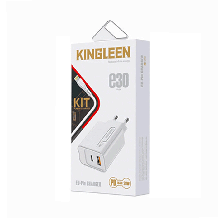 KINGLEEN E30 Mobile Charger PD 20W With USB-A Port And TYPE C Port With Cable Type-C To Lightning 3A - Color: White 