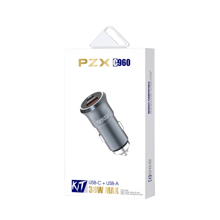 PZX C960 Car Charger 38W With USB And TYPE C Port 5V/3A - Color: Black  