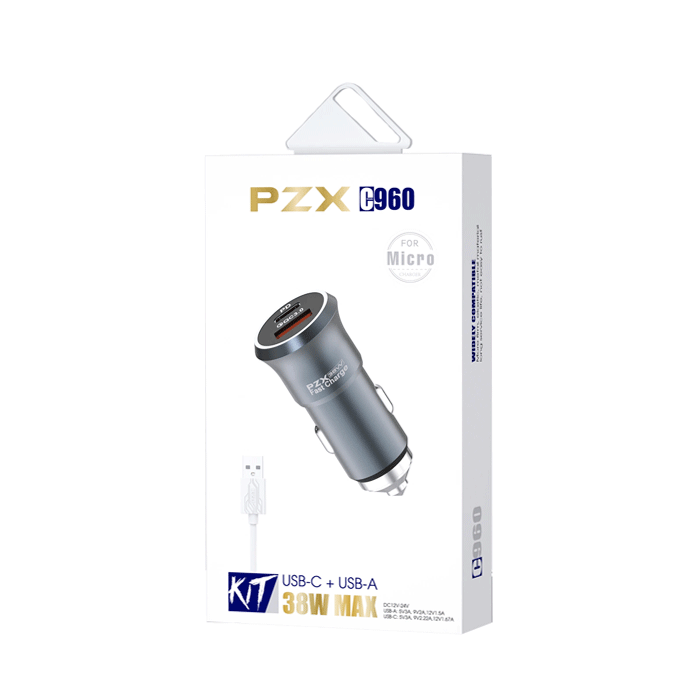 PZX C960 Car Charger 38W MAX With USB And TYPE C Port 5V/3A With Cable USB To Micro - Color: Black  