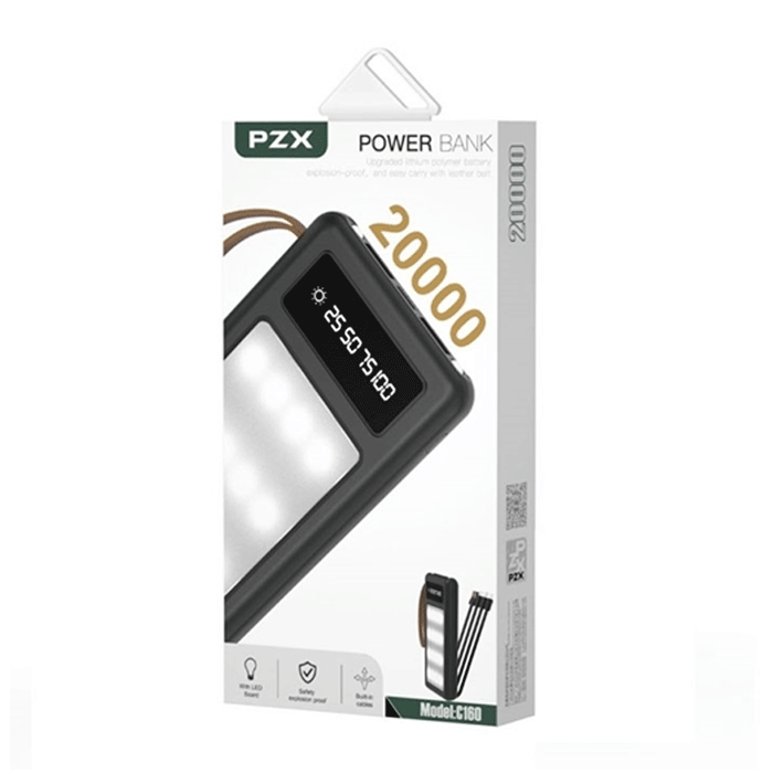 PZX C160 Power Bank With 2 USB-A Ports and 1 TYPE C Port 20000mAh - Color: Black